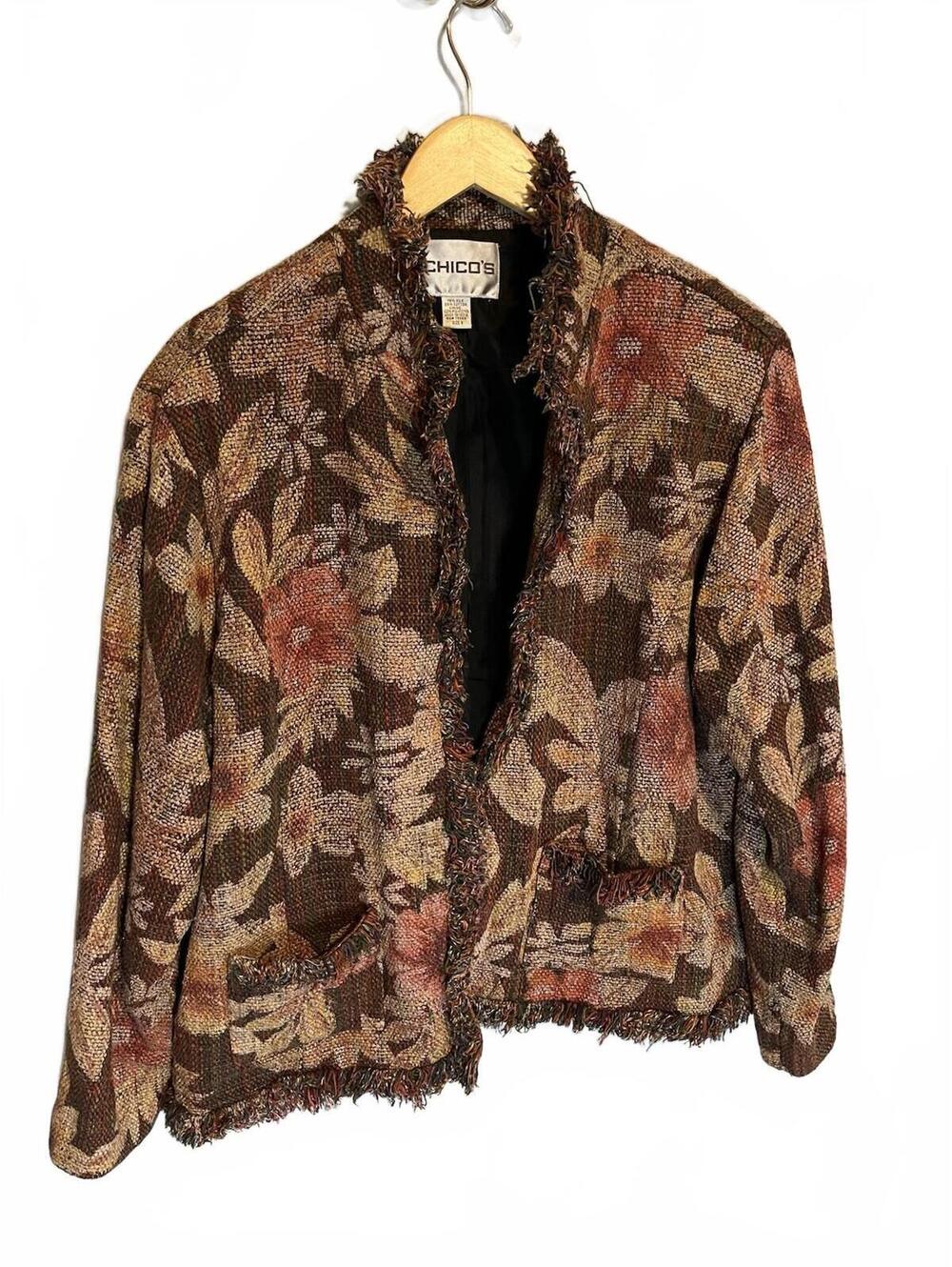 VINTAGE Chicos Tapestry Jacket Women XL/3 Floral Silk Boho Hippy 90s Y2K Earthy